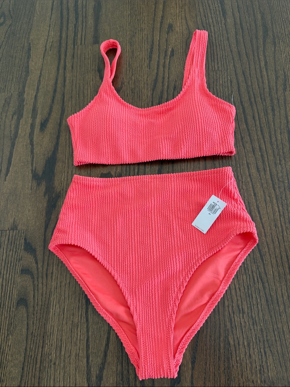 Womens High-Waist Ribbed Bikini Set in Coral Pink
